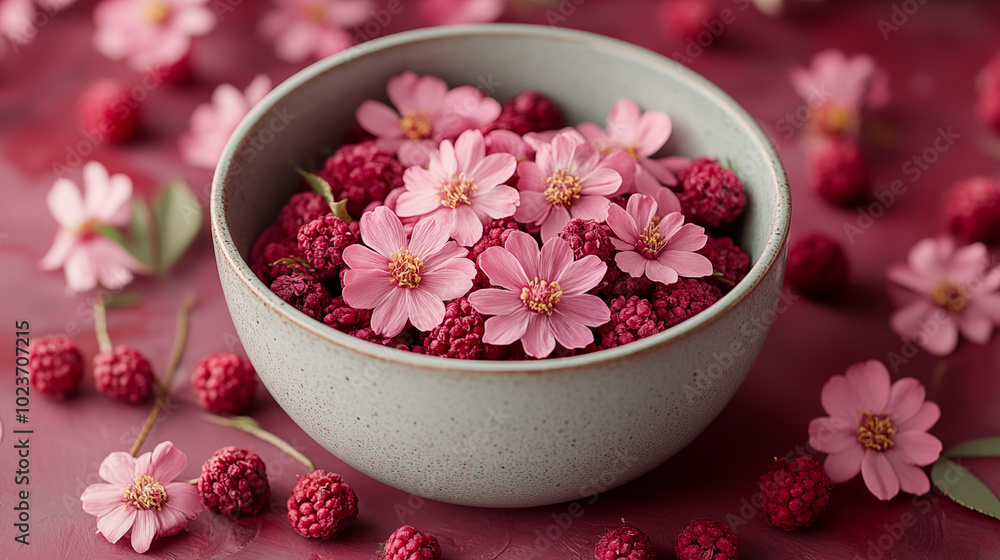 Pink cosmos flowers and raspberries in ceramic bowl on burgundy background Pink cosmos flowers and raspberries in ceramic bowl on burgundy background