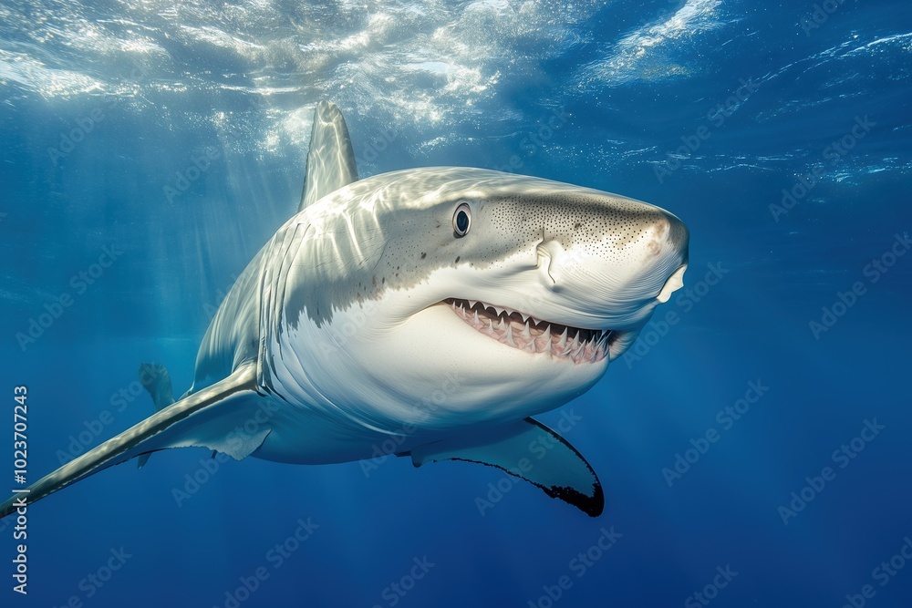 Naklejka premium A shark is swimming in the ocean with its mouth open