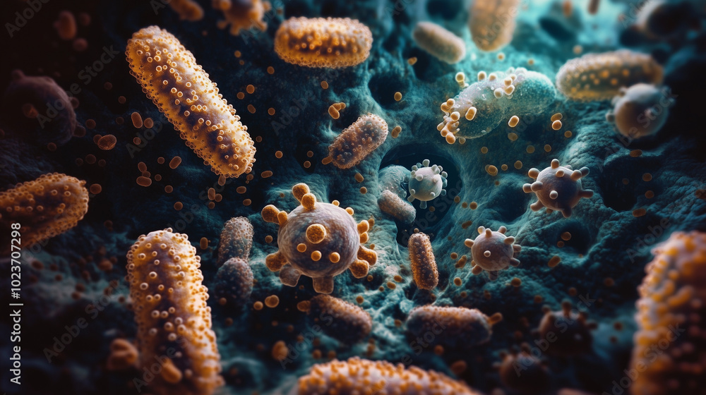 Naklejka premium Electron microscope photo otherworldly microbe world with strange and wonderful shapes, textures, and colors