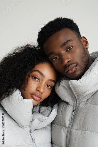 A man and a woman are hugging each other in a grey jacket