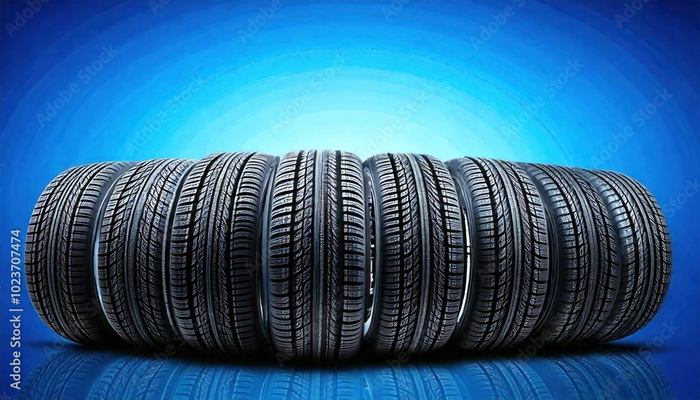 Winter tires and wheels layout on blurry flying snowflakes blue background Winter tires and wheels layout on blurry flying snowflakes blue background