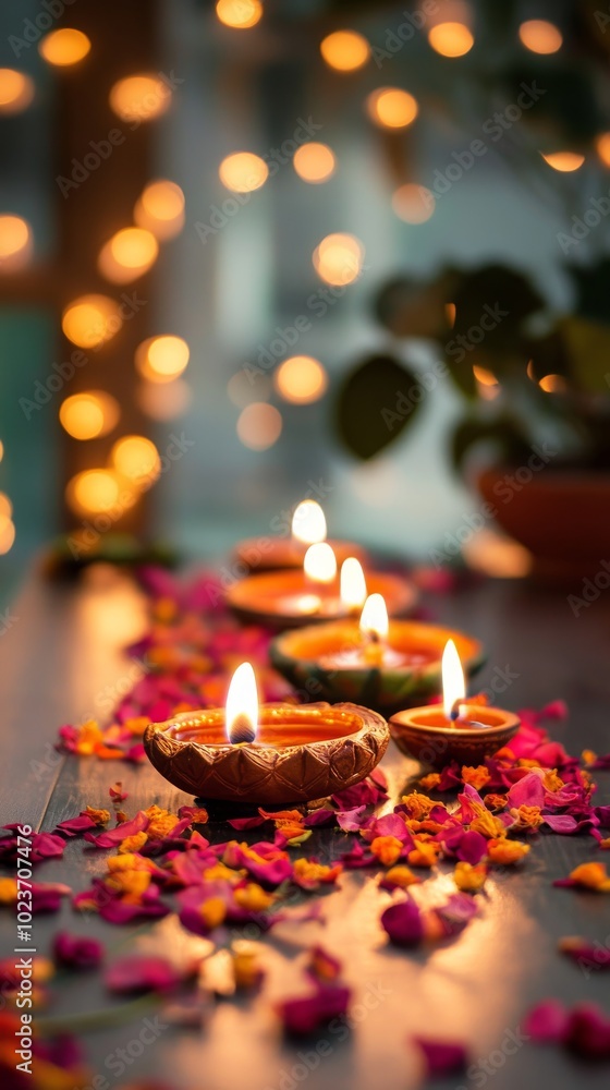 A table with a bunch of lit candles in small bowls. The table is surrounded by pink and orange flowers, creating a warm and inviting atmosphere A table with a bunch of lit candles in small bowls. The table is surrounded by pink and orange flowers, creating a warm and inviting atmosphere