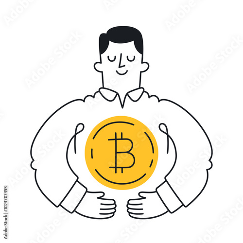 Businessman Hugging Bitcoin Symbol. Doodle style with an editable stroke.