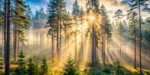 Serene misty forest with sunlight filtering through pine trees macro