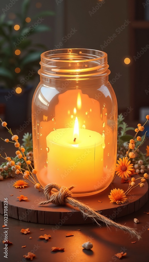 Lit Candle in a Glass Jar with Rustic Decor, Cozy Autumn Ambiance Lit Candle in a Glass Jar with Rustic Decor, Cozy Autumn Ambiance