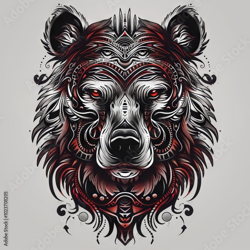 Bear head with intricate tribal designs in a conceptual art style. photo