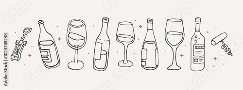 Wine accessories - glasses, bottles, corkscrew. Hand drawn chalk wine illustrations. Collection of whimsical doodle line art. Clipart vintage ink elements for menu, posters. Dolce Vita aesthetic.