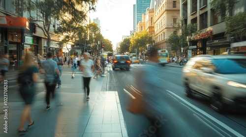 Blurred City Street with Pedestrians and Traffic