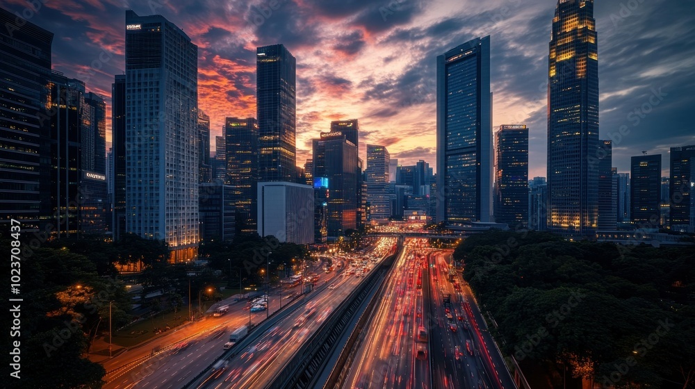 Fototapeta premium Cityscape with Skyscrapers and Traffic at Sunset