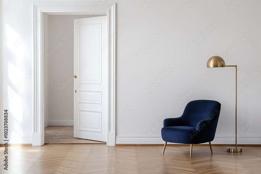 Fototapeta premium A blue chair sits in front of a white door