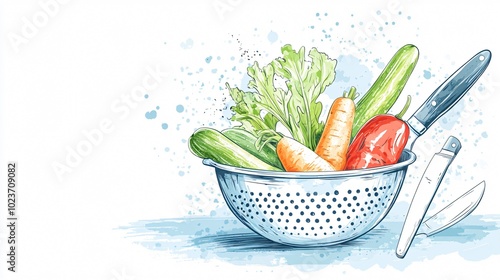 Watercolor illustration of a colander full of fresh vegetables and two knives.