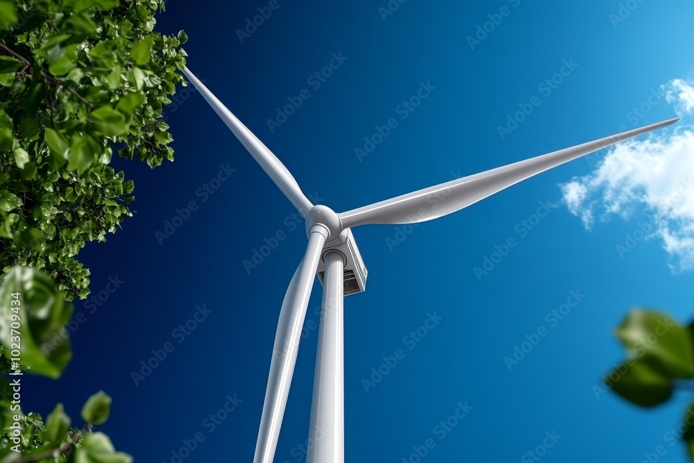 A hyper-realistic image of a modern wind turbine against a bright blue sky, with every detail of the turbine's surface and the surrounding environment visible A hyper-realistic image of a modern wind turbine against a bright blue sky, with every detail of the turbine's surface and the surrounding environment visible