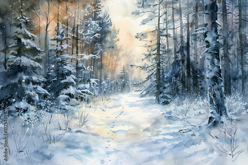 A painting of a snowy forest with a path through it