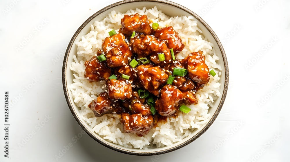 Food photo, Chinese brown sauce chicken with rice in a bowl, overhead view, white background Food photo, Chinese brown sauce chicken with rice in a bowl, overhead view, white background