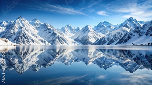 Snow covered mountains in winter with symmetrical composition