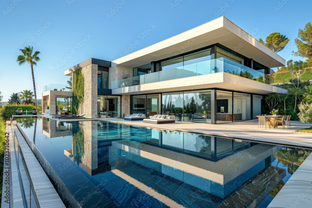 Fototapeta premium A large house with a pool and a large glass wall