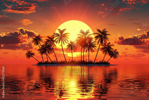 A beautiful sunset over a tropical island with palm trees