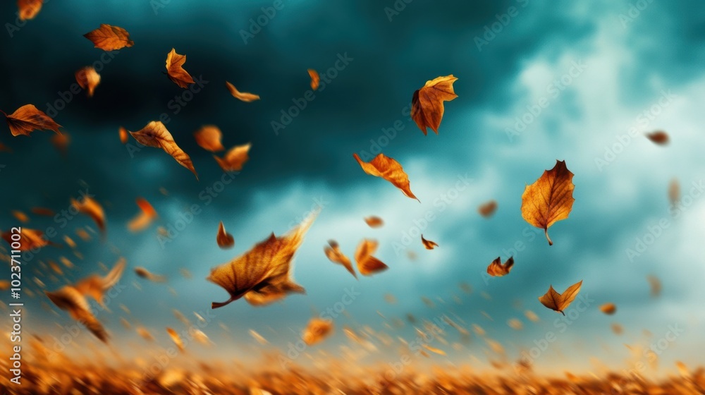 Autumn leaves dance in the wind against a dramatic sky, AI Autumn leaves dance in the wind against a dramatic sky, AI