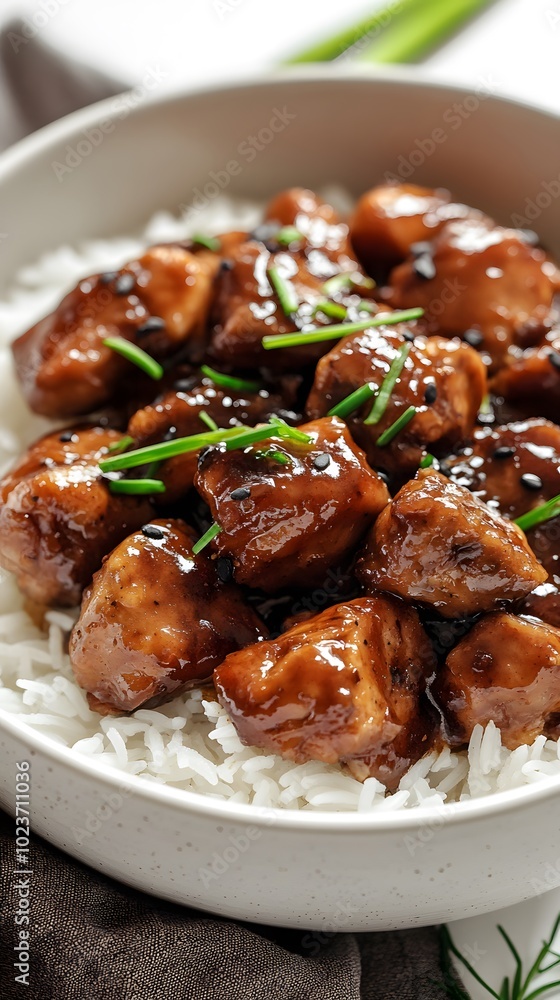 Food photo, Chinese brown sauce chicken with rice in a bowl, overhead view, white background Food photo, Chinese brown sauce chicken with rice in a bowl, overhead view, white background