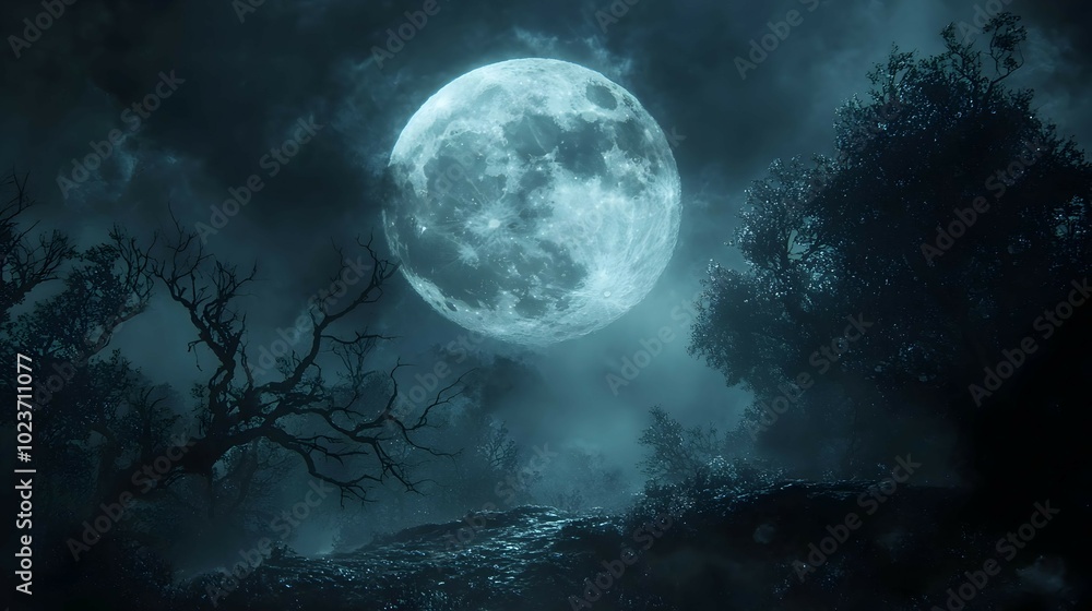 Mysterious Full Moon Over Spooky Landscape Mysterious Full Moon Over Spooky Landscape