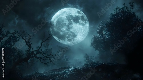 Mysterious Full Moon Over Spooky Landscape