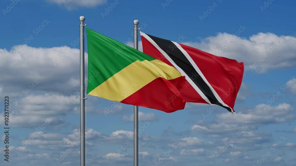 Trinidad and Tobago and Congo Brazzaville flags flying together, video concept of the relationship, two country cooperation concept Trinidad and Tobago and Congo Brazzaville flags flying together, video concept of the relationship, two country cooperation concept