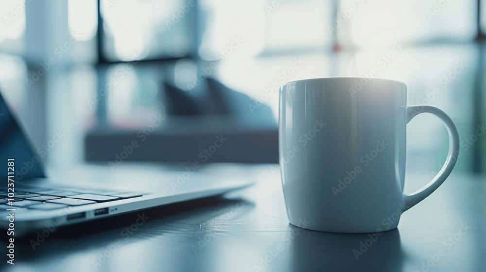 White Mug and Laptop on a Table White Mug and Laptop on a Table
