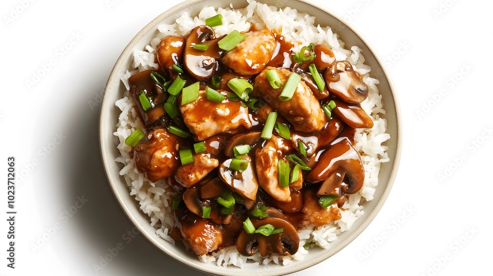 Food photo, Chinese brown sauce chicken with rice in a bowl, overhead view, white background Food photo, Chinese brown sauce chicken with rice in a bowl, overhead view, white background