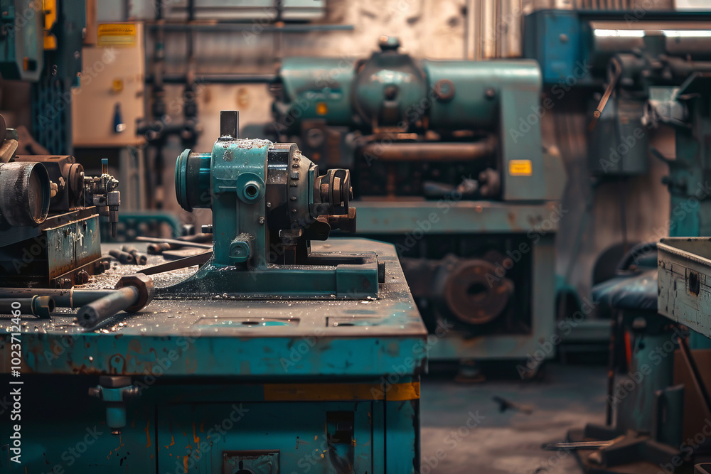 Fototapeta premium A blue machine sits on a table in a cluttered workshop
