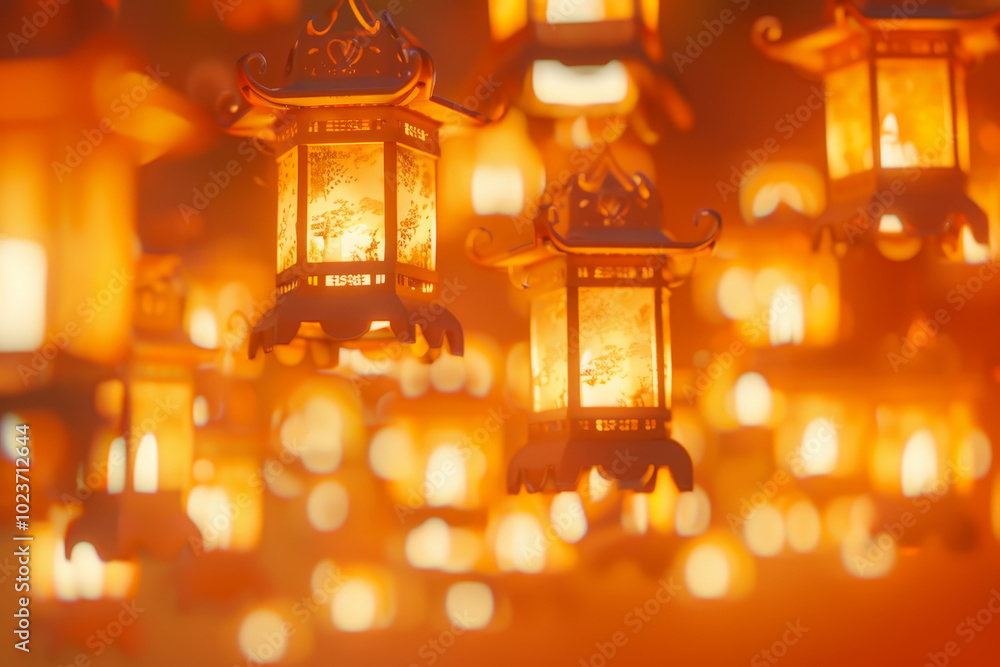 A bunch of orange lanterns hanging from the ceiling A bunch of orange lanterns hanging from the ceiling