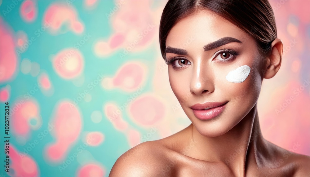 Woman against a with skin cream on her face . blurry cosmetics pattern background Woman against a with skin cream on her face . blurry cosmetics pattern background