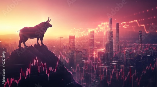 Bull standing atop a mountain of stock market charts, symbolizing bullish outlook and volatile equities performance, glowing light from the horizon hints at future growth