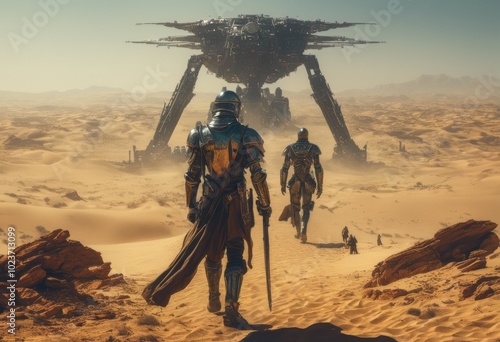 A Space Sci-fi Scene Depicting An Alien Planet With Space Travellers and Cybernetic Beings Walking Across A Desert Landscape With An Alien Space Ship In The Background