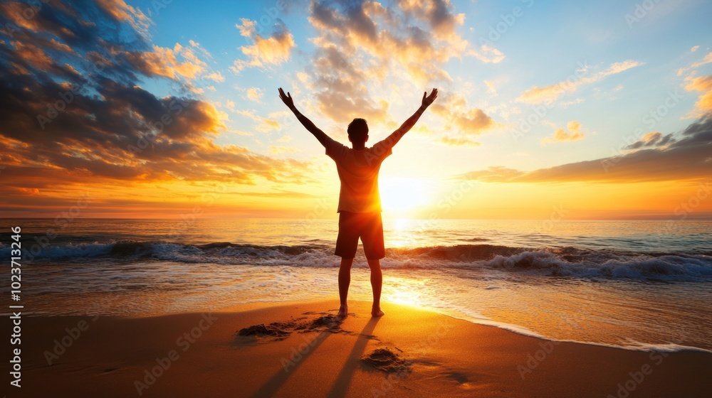 Man embracing a vibrant sunset on a tranquil beach, arms raised in joy, AI Man embracing a vibrant sunset on a tranquil beach, arms raised in joy, AI