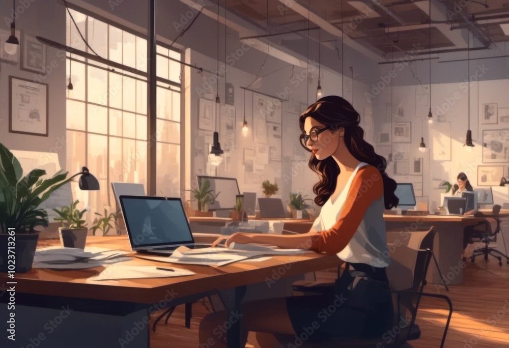 A Flat Vector Illustration Of A Female Professional Working Hard On A Project At Her Desk In A Modern And Creative Office Setting A Flat Vector Illustration Of A Female Professional Working Hard On A Project At Her Desk In A Modern And Creative Office Setting
