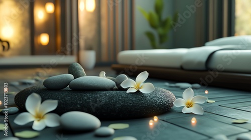 Massage stones and herbal compresses on a spa bed, soothing natural healing, 3D illustration photo