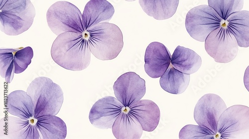 Minimalist watercolor violets in light purple hues, softly arranged on a pale background, seamless pattern