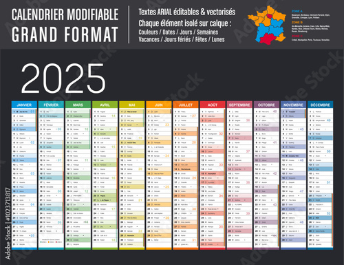 Calendrier Français 2025 modifiable, grand format horizontal  France, éléments isolés sur calques, textes en Arial, éditables et vectorisés