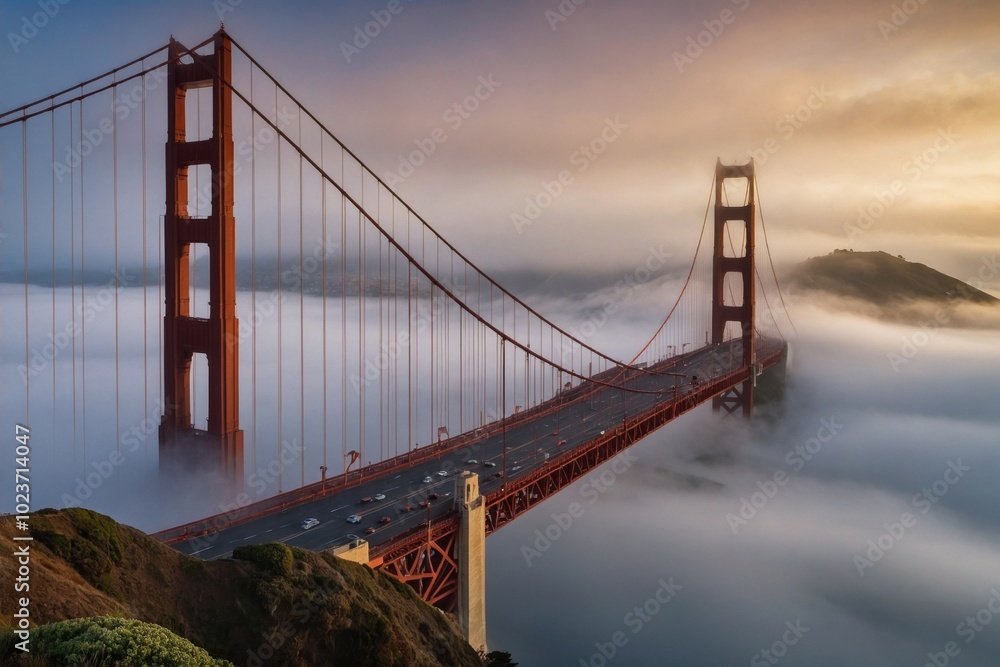 Golden Gate at dawn surrounded by fog Golden Gate at dawn surrounded by fog