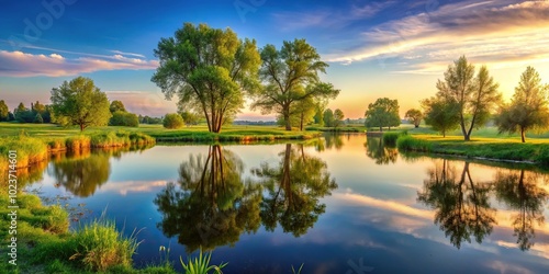 Summer evening landscape with trees and a pond