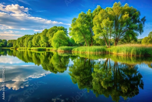 Summer landscape with green trees, high grass, calm lake water, trees reflection