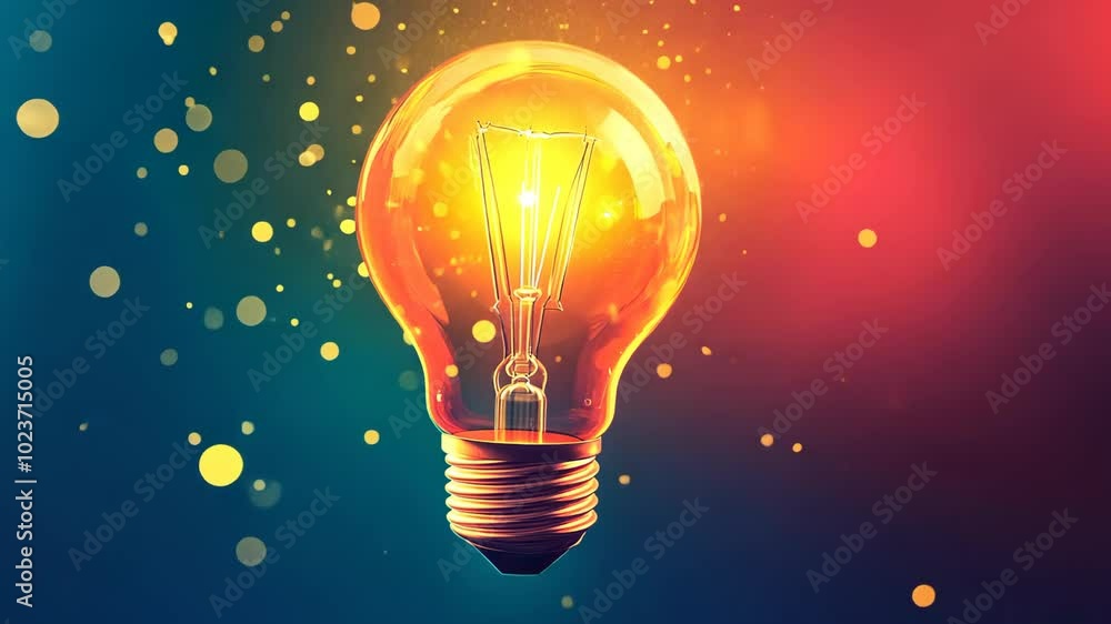 A glowing light bulb with a bright filament stands out against a colorful background A glowing light bulb with a bright filament stands out against a colorful background