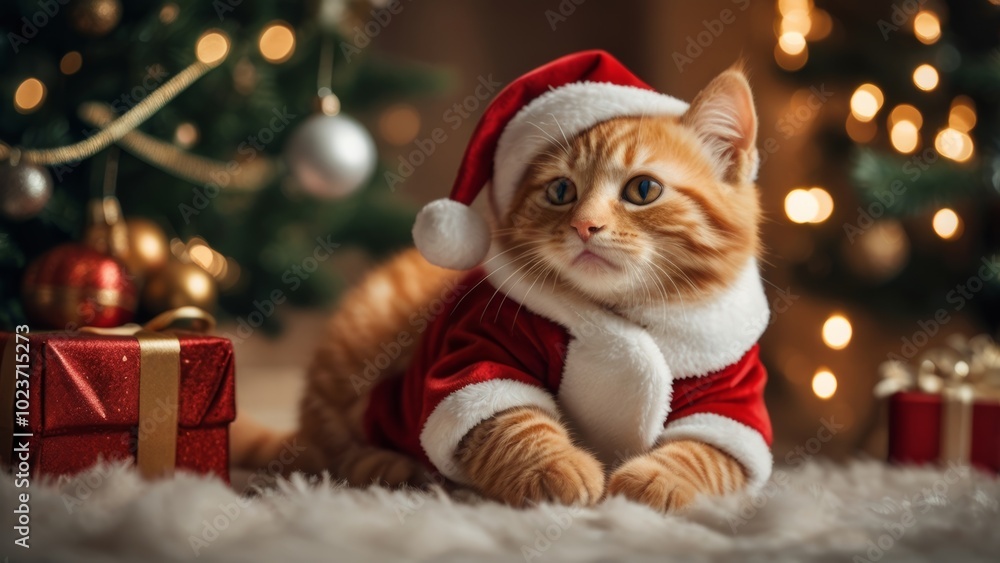 Cute ginger cat in Santa costume putting presents under the holiday tree Cute ginger cat in Santa costume putting presents under the holiday tree