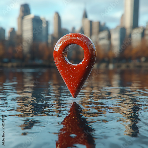 Red map location pin floating above water with a city skyline in the background. photo