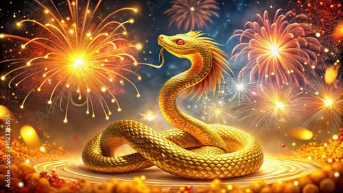 A golden snake against a backdrop of fireworks and lights. Stylized symbol of 2025 