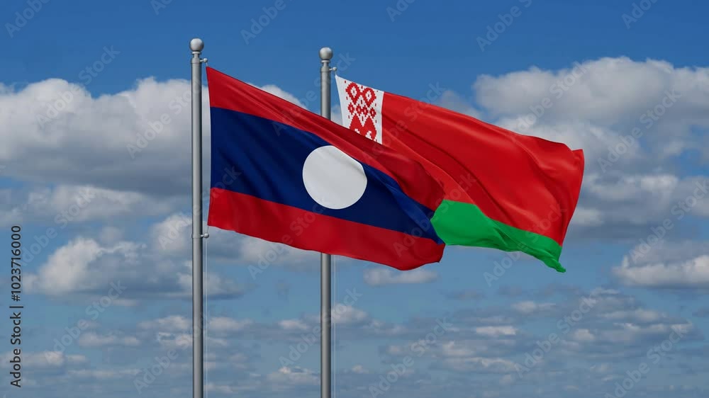 Belarus and Laos flags flying together, video concept of the relationship, two country cooperation concept Belarus and Laos flags flying together, video concept of the relationship, two country cooperation concept