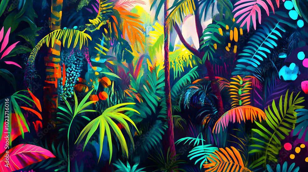 Abstract art painting of a vibrant jungle rainforest with diverse plants. Bright neon colors horizontal poster design Abstract art painting of a vibrant jungle rainforest with diverse plants. Bright neon colors horizontal poster design
