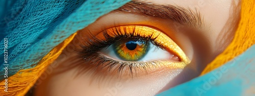 Close-up of a female eye with a turquoise blue abaya, featuring orange and yellow colors