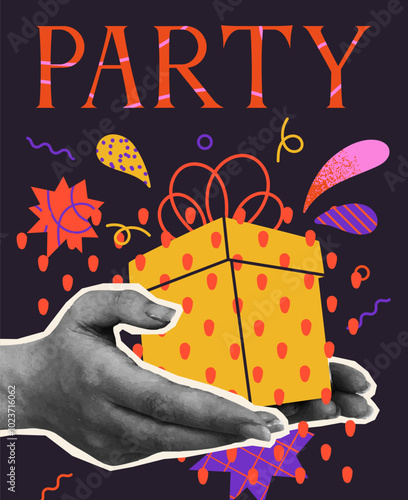 Posters in Halftone style. Trendy greeting card with paper cut out hands holding gift box or present. Invitation to celebrate holiday or party. Happy Birthday. Cartoon vector illustration