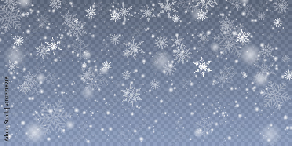 Fototapeta premium Christmas cold blizzard effect with snow. Vector texture Cold winter wind with snowflakes on transparent background.